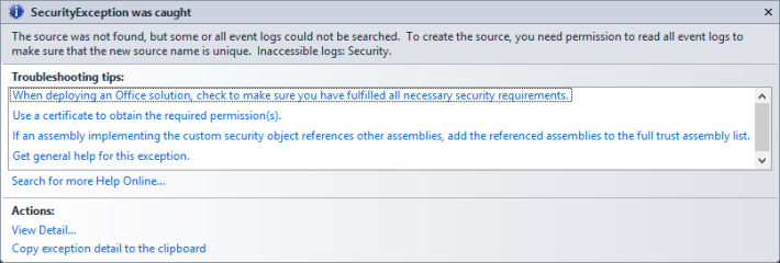Security Exception when trying to write to Event Log